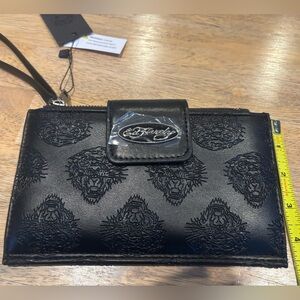 Ed Hardy Black Embossed Wristlet Wallet Clutch with Tiger Logo